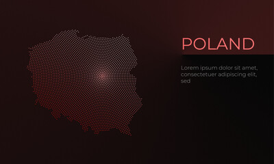 Poland map radial dots pattern on a dark red angle gradient background with copy space. Pattern centered in Warsaw. Modern Business Finance Design Concept. Poland Silhouette Vector.