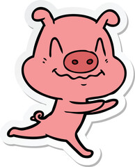 sticker of a nervous cartoon pig running