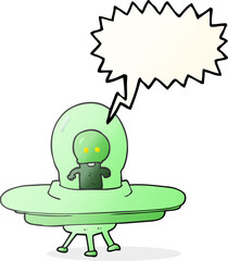 freehand drawn speech bubble cartoon alien in flying saucer