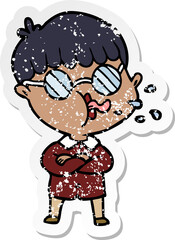 distressed sticker of a cartoon boy wearing spectacles