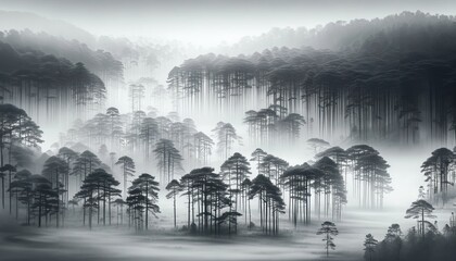 misty pine forest panorama embodies serene monochromatic beauty