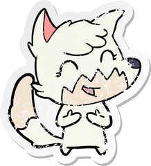 distressed sticker of a happy cartoon fox