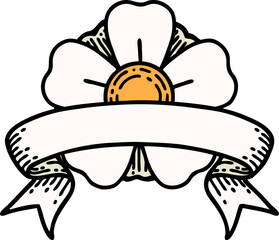 traditional tattoo with banner of a flower