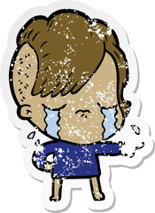 distressed sticker of a cartoon crying girl accusing