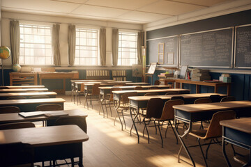 Classroom of the school without student and teacher. Empty Classroom. Back to school concept in high school. Empty modern classroom of a university without students and teachers. Studying lessons