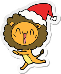 happy hand drawn sticker cartoon of a lion wearing santa hat