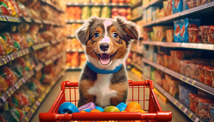 Puppy joyfully shops for pet supplies in a vast superstore.