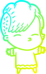 cold gradient line drawing of a cartoon squinting girl