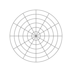 Obraz premium Simple coaching tool for visualizing all areas of life. Polar grid of 12 segments and 5 concentric circles. Circle diagram of lifestyle balance. Wheel of life template. Vector blank polar graph paper.