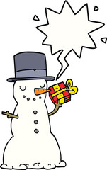 cartoon christmas snowman with speech bubble