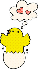 cute hatching chick cartoon with thought bubble in comic book style