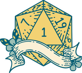 Retro Tattoo Style natural one d20 dice roll