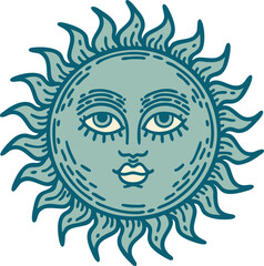 iconic tattoo style image of a sun with face