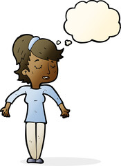 cartoon friendly woman shrugging shoulders with thought bubble