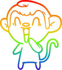 rainbow gradient line drawing of a cartoon laughing monkey