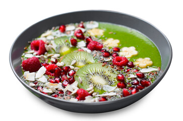 Healthy Breakfast Detox Green Smoothie with Banana and Spinach in a Bowl, White Background