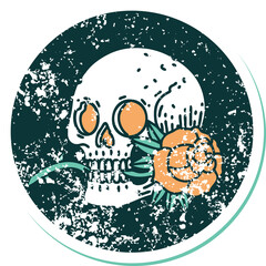 iconic distressed sticker tattoo style image of a skull and rose
