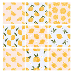 Set of seamless pattern with lemon, leaves and flowers 