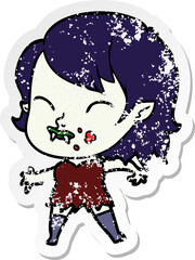 distressed sticker of a cartoon vampire girl with blood on cheek