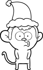 hand drawn line drawing of a hooting monkey wearing santa hat