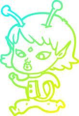 cold gradient line drawing of a pretty cartoon alien girl running