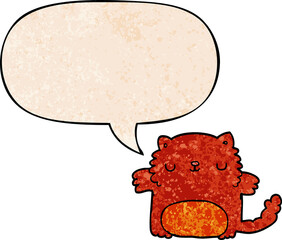 cartoon cat with speech bubble in retro texture style