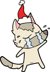 hand drawn line drawing of a crying wolf wearing santa hat