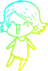 cold gradient line drawing of a cartoon happy woman