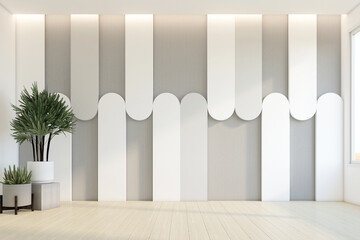 Minimalist playroom with empty space and indoor plant. Decorated with arch wall and gray slatted wall. 3d rendering - obrazy, fototapety, plakaty