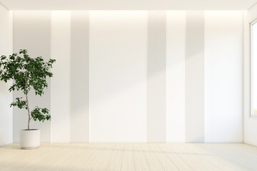 Fototapeta na wymiar Minimalist empty room with white slat wall and indoor plant. 3d rendering