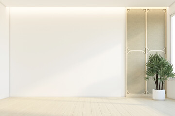 Minimalist empty room with woven wood side wall and white wall, wood floor and indoor plant. 3d rendering