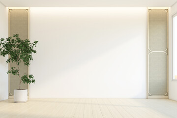 Minimalist empty room with woven wood side wall and white mid wall, wood floor and indoor plant. 3d rendering