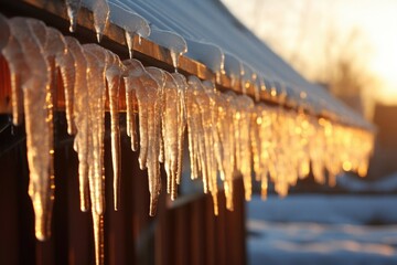 Beautiful icicles on the roof with glare from the sun
