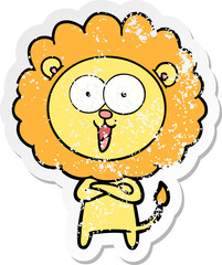distressed sticker of a happy cartoon lion