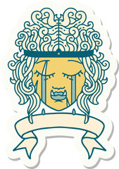 sticker of a crying orc barbarian character face with banner