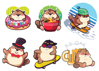 Groundhog semi-cartoon style illustration multipleactivity, eat ramen, ski, sketeboard, donut, for the concept of Groundhog Day.