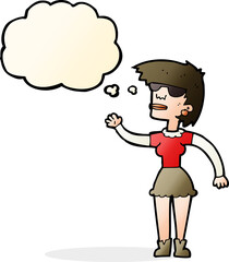 cartoon woman in spectacles waving with thought bubble