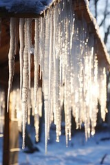 Beautiful icicles on the roof with glare from the sun