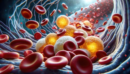 Metabolic Pathways: Fat Cells Amidst Blood Flow - obrazy, fototapety, plakaty