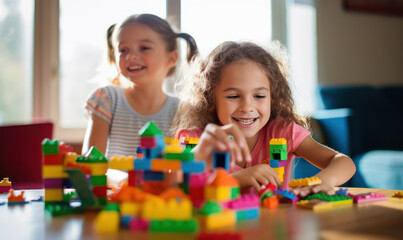 Children Create Colorful Structures with Building Blocks - Creativity and Joyful Play.