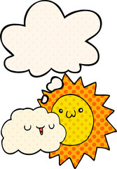 cartoon sun and cloud with thought bubble in comic book style