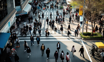 Obraz premium Urban Flow, Top View of Crowded Street with Many People Walking - Dynamic City Life in Motion.