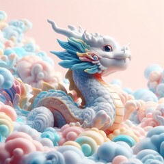 Chinese dragon, young baby dragon pastel color, porcelain ceramic skin, cute baby dragon in Chinese lunar new year, blank copy space, pastel color background, oriental decorations - obrazy, fototapety, plakaty
