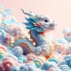 Tuinposter Chinese dragon, young baby dragon pastel color, porcelain ceramic skin, cute baby dragon in Chinese lunar new year, blank copy space, pastel color background, oriental decorations © toxxiiccat