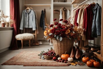 A cozy women's dressing room with a floor hanger for autumn clothes, shoes, a flower in a basket, and an autumn bouquet of cranberry branches in a vase.