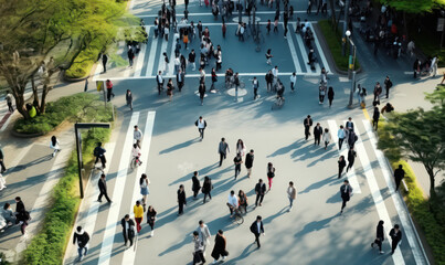 Obraz premium Urban Flow, Top View of Crowded Street with Many People Walking - Dynamic City Life in Motion.