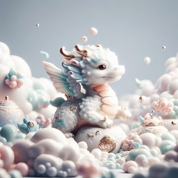 Chinese dragon, young baby dragon pastel color, porcelain ceramic skin, cute baby dragon in Chinese lunar new year, blank copy space, pastel color background, oriental decorations