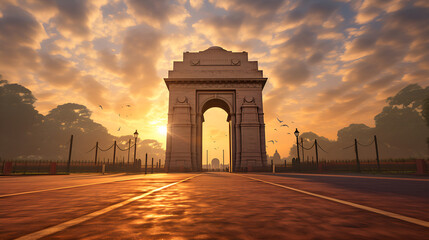 Fototapeta na wymiar Sunrise Silhouettes. Exploring Delhi's Past and Present in Vector Architecture.AI Generative 