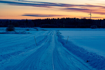 Sunrise over snowy fields in Hallsberg Sweden