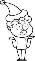 hand drawn line drawing of a man gasping in surprise wearing santa hat